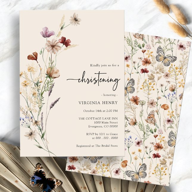 Convite de Batismo Boho Baby (Boho Watercolor Floral Baby Christening Invitation by Painted Paperie
)