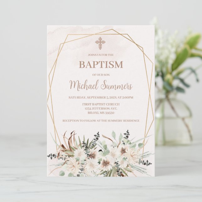 Convite de Batismo Boho Floral Branco (Em pé/Frente)