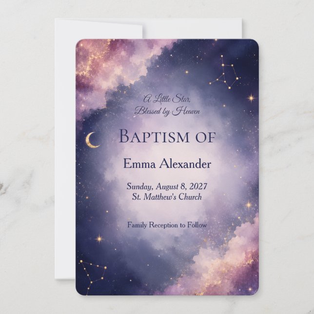 Convite de Batismo Celestial | Galáxia em Aquarela (Frente)