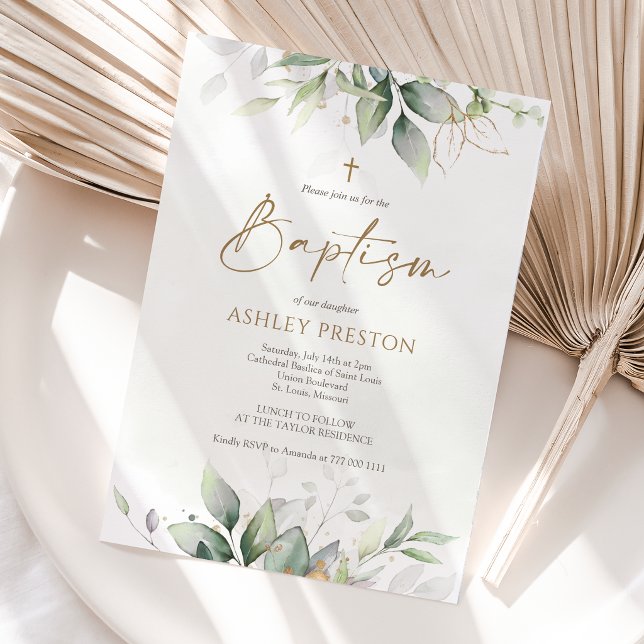 Convite de Batismo com Aguarela de Eucalipto (Eucalyptus Greenery Watercolor Baptism Invitation Card)