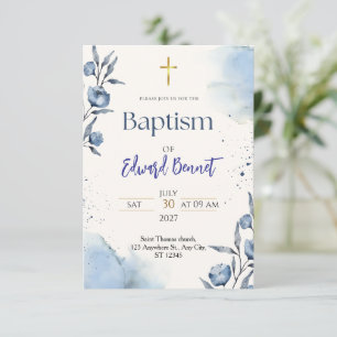 Convite de Batismo com Aquarela Azul e Cruz Dourad