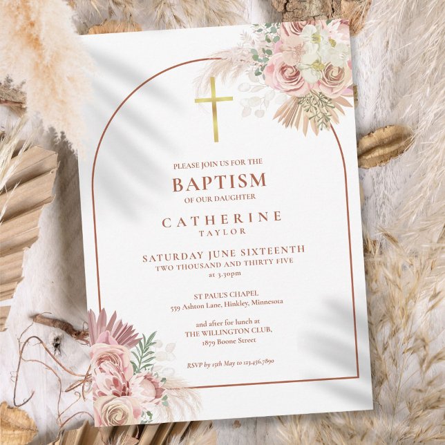 Convite de Batismo com Arco de Grama das Pampas (Pampas Grass Arch Baptism Christening Invitation)