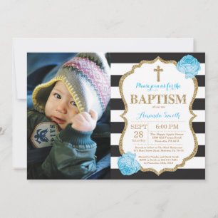 Convite de Batismo com Brilho Preto Azul e Dourado