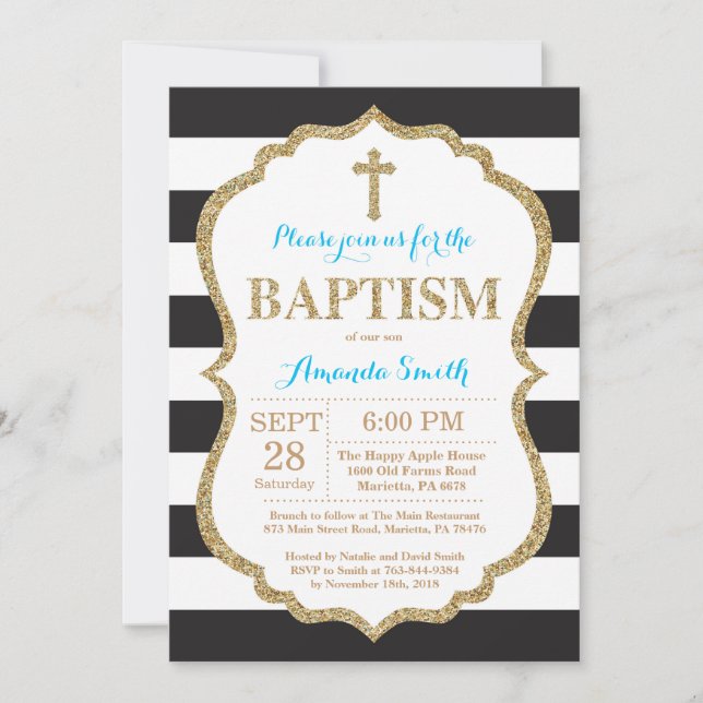 Convite de Batismo com Brilho Preto Azul e Dourado (Frente)