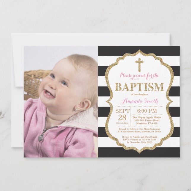 Convite de Batismo com Brilho Preto Rosa e Dourado (Frente)