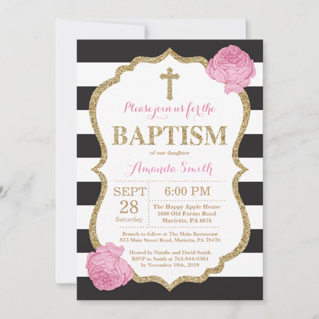 Convite de Batismo com Brilho Preto Rosa e Dourado (Frente)