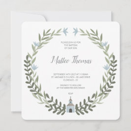 Convite de Batismo com Coroa Floral Azul
