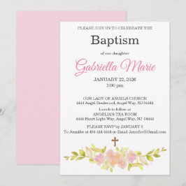 Convite de Batismo com Cruz de Aquarela Coral Rosa