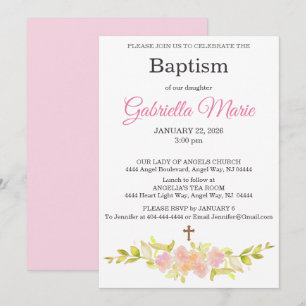 Convite de Batismo com Cruz de Aquarela Coral Rosa