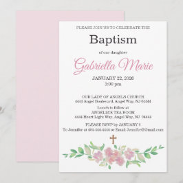 Convite de Batismo com Cruz em Aquarela Rosa Empoe