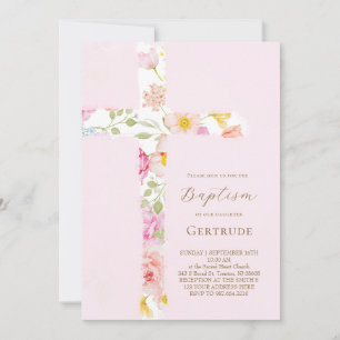 convite de batismo com cruz floral em aquarela