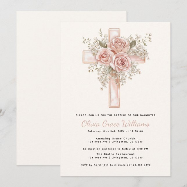 Convite de Batismo com Cruz Floral Rosa (Frente/Verso)