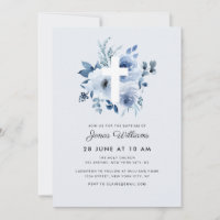 Convite de batismo com flores azuis em aquarela