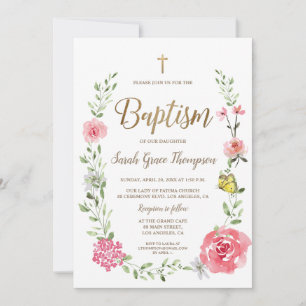 Convite de Batismo com Flores Cor-de-Rosa em Aquar
