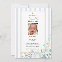 Convite de Batismo com Foto Floral Azul Elegante e