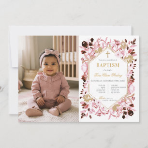 Convite de Batismo com Foto Floral Rosa e Dourado