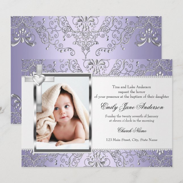 Convite de Batismo com Foto Pretty Damask & Cross  (Frente/Verso)