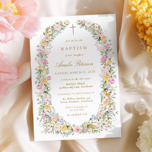 Convite de Batismo com Grinalda Floral em Aquarela