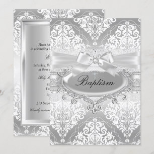 Convite de Batismo com Laço de Damasco Prateado Bo