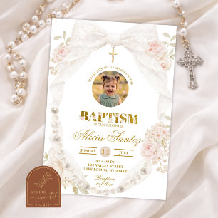 Convite de Batismo com Laço de Renda Marfim e Péro