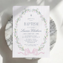 Convite de Batismo com Laço e Moldura Floral Listr