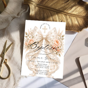 Convite de Batismo com Laço Floral Elegante e Péro