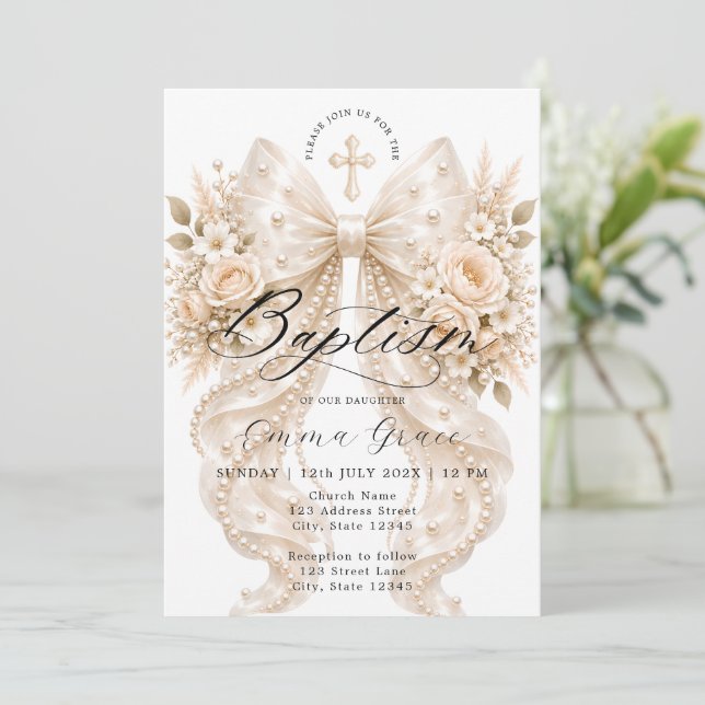 Convite de Batismo com Laço Floral Elegante e Péro (Em pé/Frente)