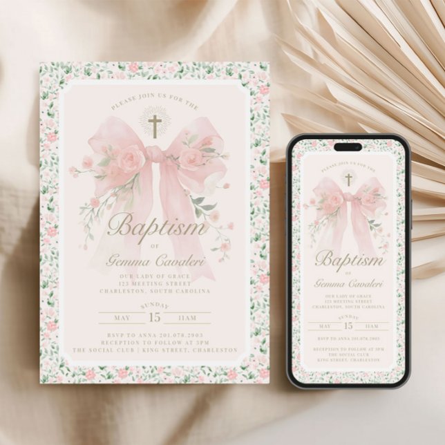 Convite de Batismo com Laço Rosa Floral Elegante (Criador carregado)