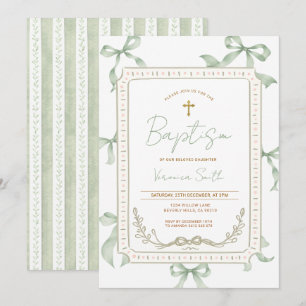 Convite de Batismo com Laço Verde Sage