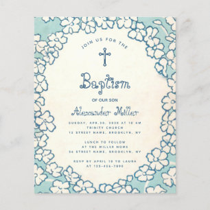 Convite de Batismo com Moldura Floral Azul e Branc