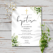 Convite de Batismo com Monograma Chic e Vegetação 