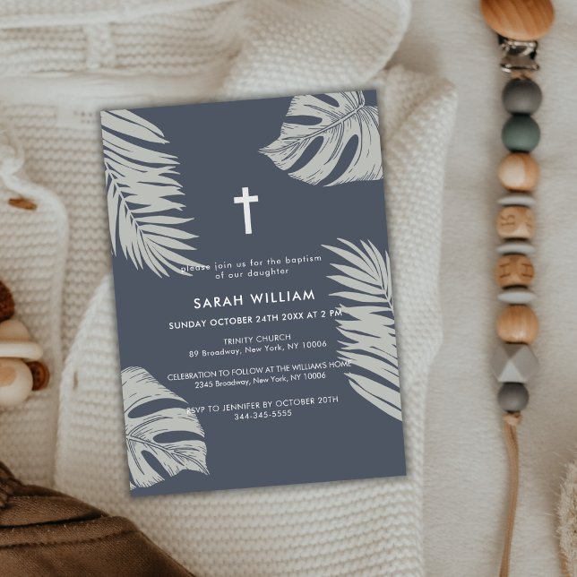 Convite de Batismo Cruz de Folhas Boho Azul Elegan (Elegant Blue Boho Leave Gold Cross Baptism Invitation)