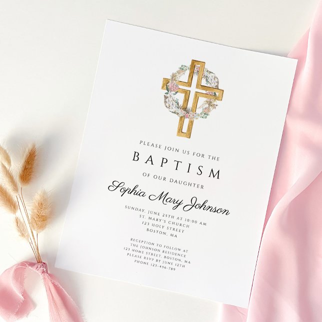 Convite de Batismo Cruz de Grinalda Floral Elegant (Elegant Floral Wreath Cross Baptism Invitation)