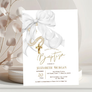 Convite de Batismo Cruz de Pérolas de Arco Branco 