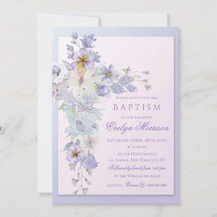 Convite de Batismo Cruz Floral Lavanda
