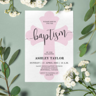 Convite de Batismo Cruz rosa claro