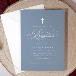 Convite de Batismo Cruz Script Elegante Azul Empoe