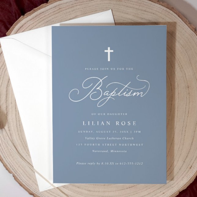 Convite de Batismo Cruz Script Elegante Azul Empoe (Dusty blue baptism invitation with gold script and cross—elegant, soft, and personalized.)