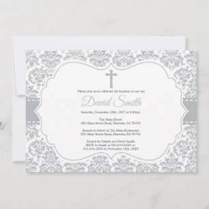 Convite de Batismo Damask Cinza