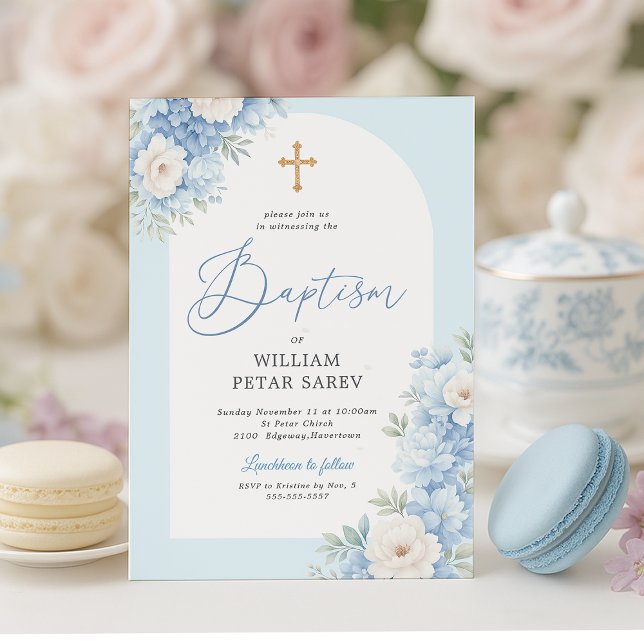 Convite de Batismo de Arco Floral Azul com Cruz Do (Blue and gold floral baptism invite styled with tea set and macarons – elegant and soft)
