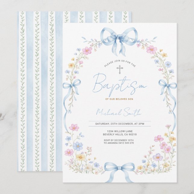 Convite de Batismo de Bebê Menino Flor Silvestre c (Frente/Verso)