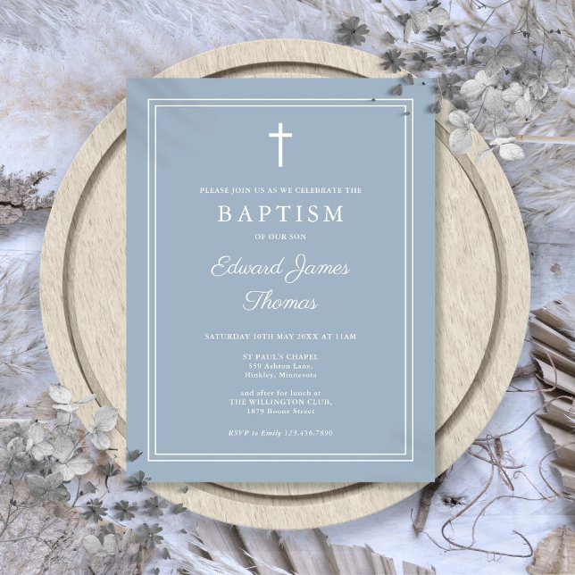 Convite de Batismo de Borda Elegante Azul Empoeira (Dusty Blue Elegant Border Baptism Invitation Postcard)