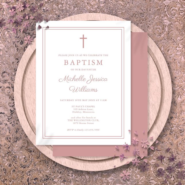 Convite de Batismo de Borda Rosa Poeira Elegante (Elegant Dusty Rose Pink Border Baptism Invitation Postcard)