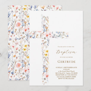 convite de batismo de flores de aquarela cruz