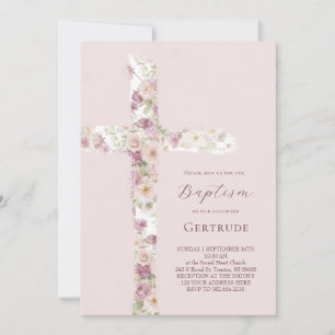 convite de batismo de flores de aquarela cruz