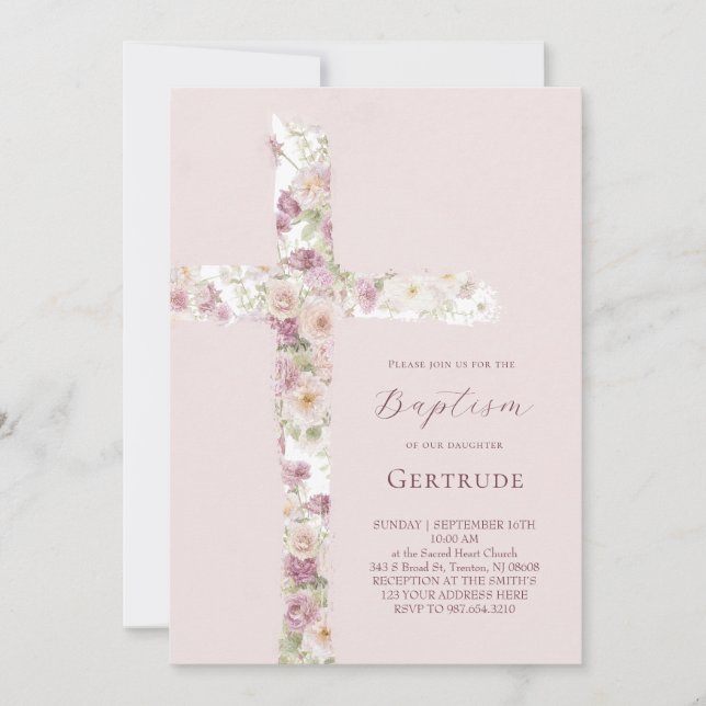 convite de batismo de flores de aquarela cruz (Frente)