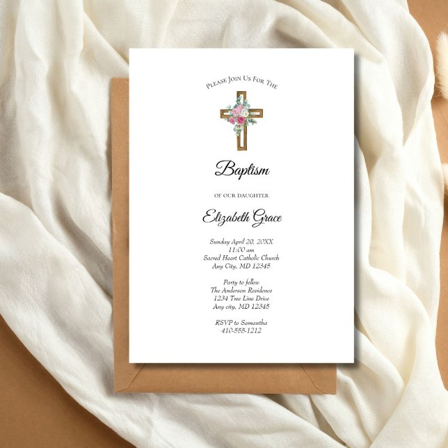 Convite de Batismo de Flores de Cruz de Madeira (Baptism Wooden Cross Pink Flowers Invitation)