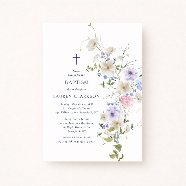 Convite de Batismo de Flores Silvestres em Aquarel (Criador carregado)