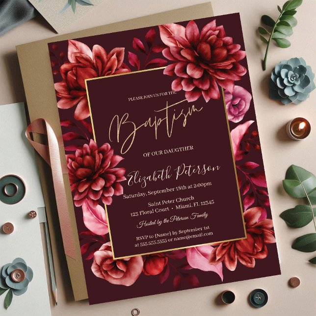 Convite de Batismo de Flores Vermelhas Elegantes (Criador carregado)