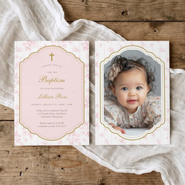 Convite de Batismo de Menina com Cruz de Ouro Flor (Vintage pink floral girl baptism photo invitation with gold cross and personalized photo)